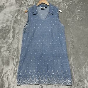 Vintage Mississippi River Blues Denim Midi Dress Womens Size M Blue Embroidered